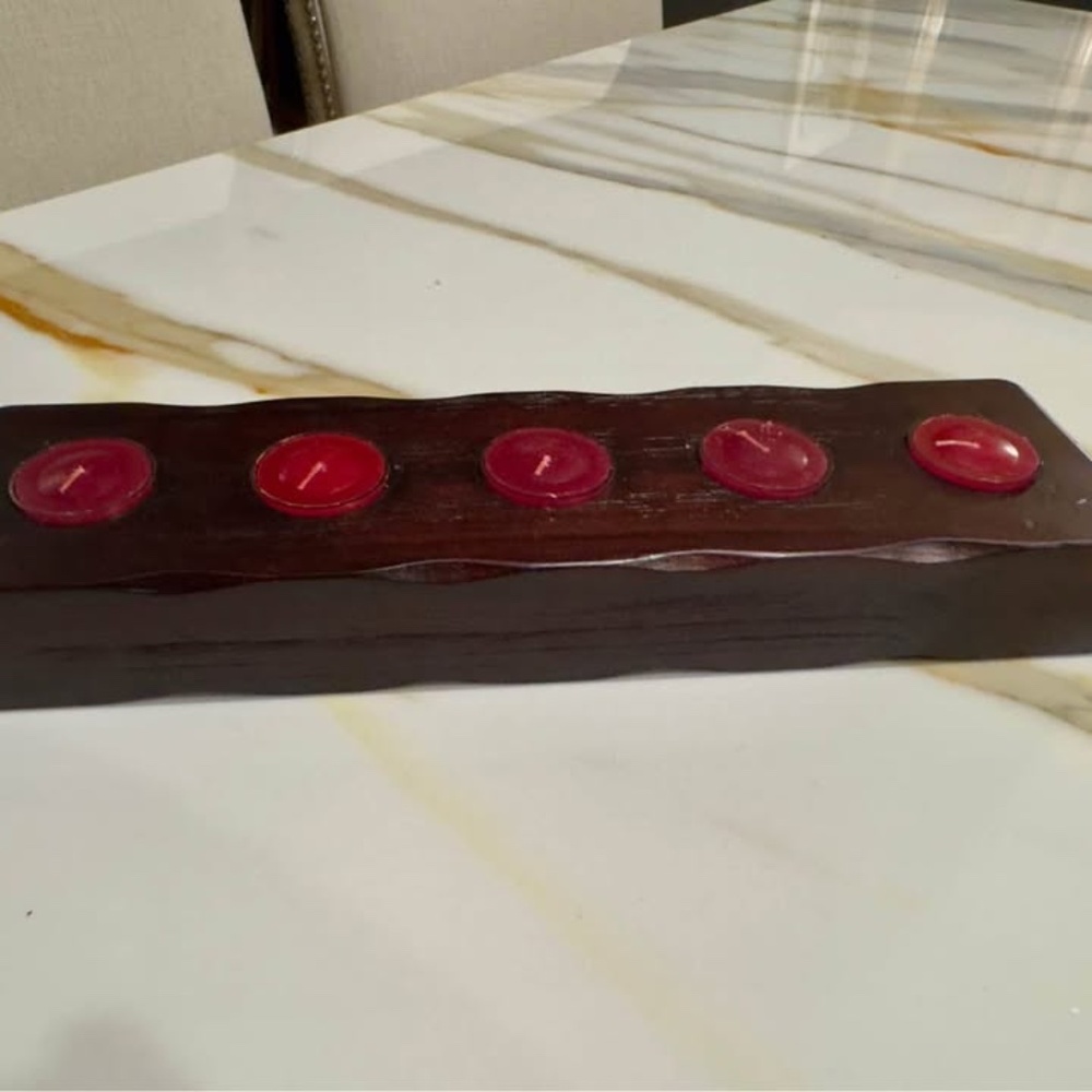 New Vintage Big Sky Natural Wood 5 Tea Light Holder w/5 New Burgundy Tea Candles